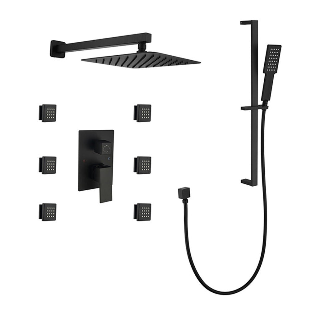 Wall Mounted Waterfall Rain Shower System With 3 Body Sprays & Handheld Shower - Black_0