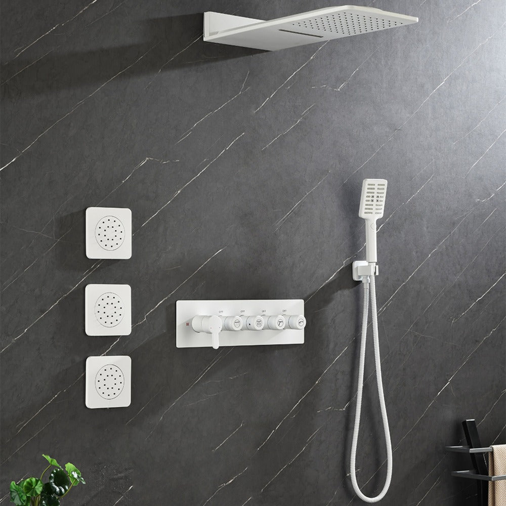 Wall Mounted Waterfall Rain Shower System With 3 Body Sprays & Handheld Shower - White_1