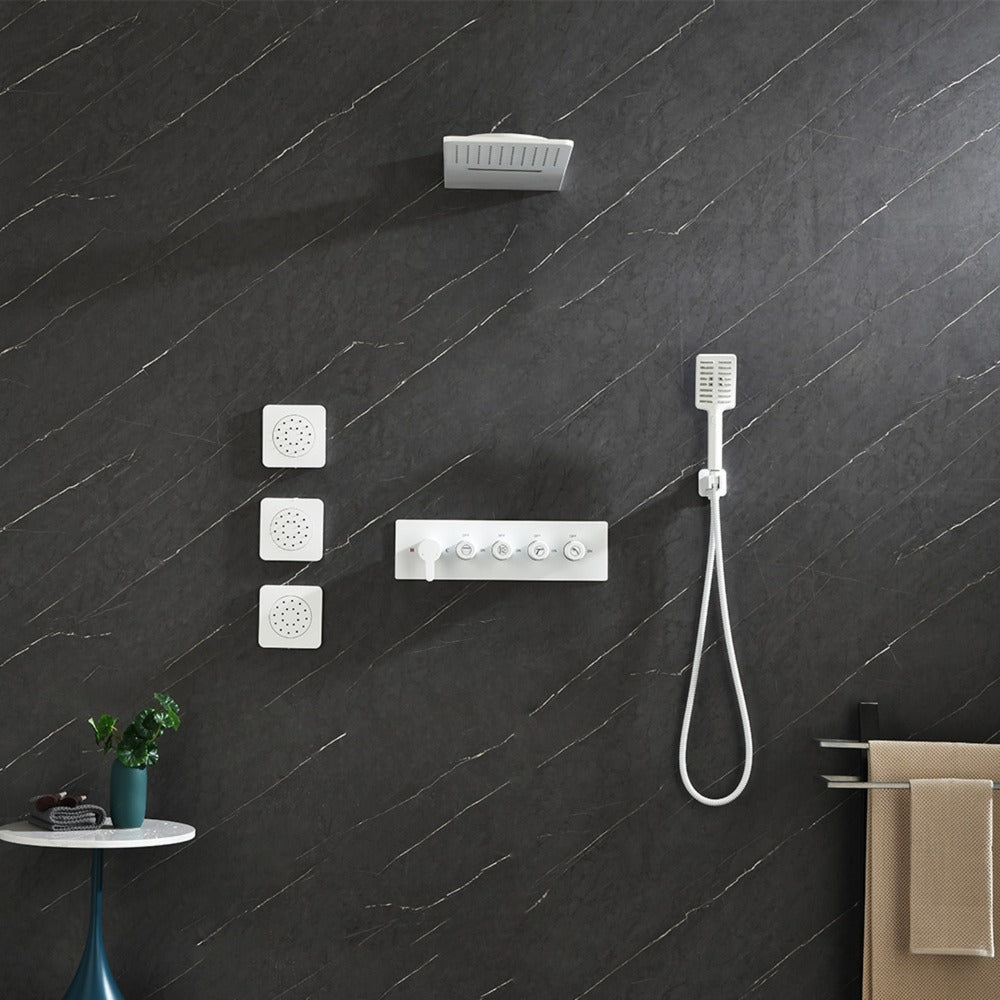 Wall Mounted Waterfall Rain Shower System With 3 Body Sprays & Handheld Shower - White_2