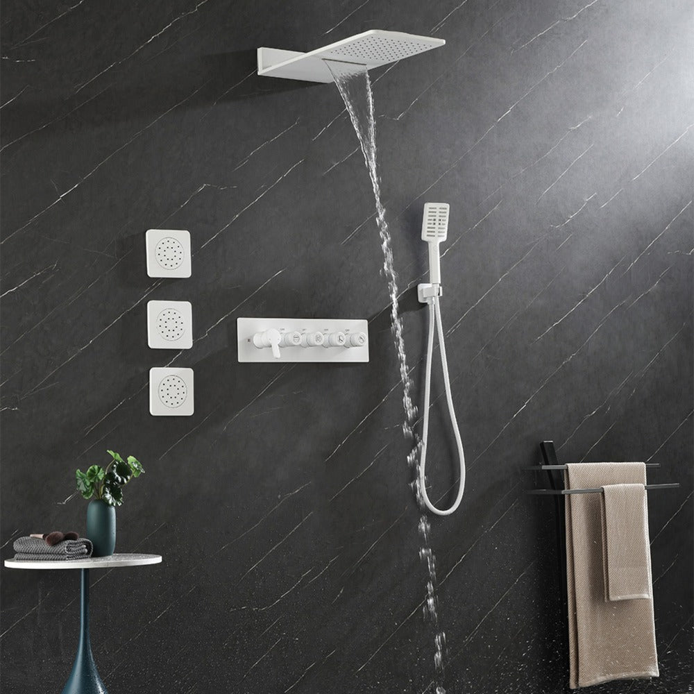 Wall Mounted Waterfall Rain Shower System With 3 Body Sprays & Handheld Shower - White_3