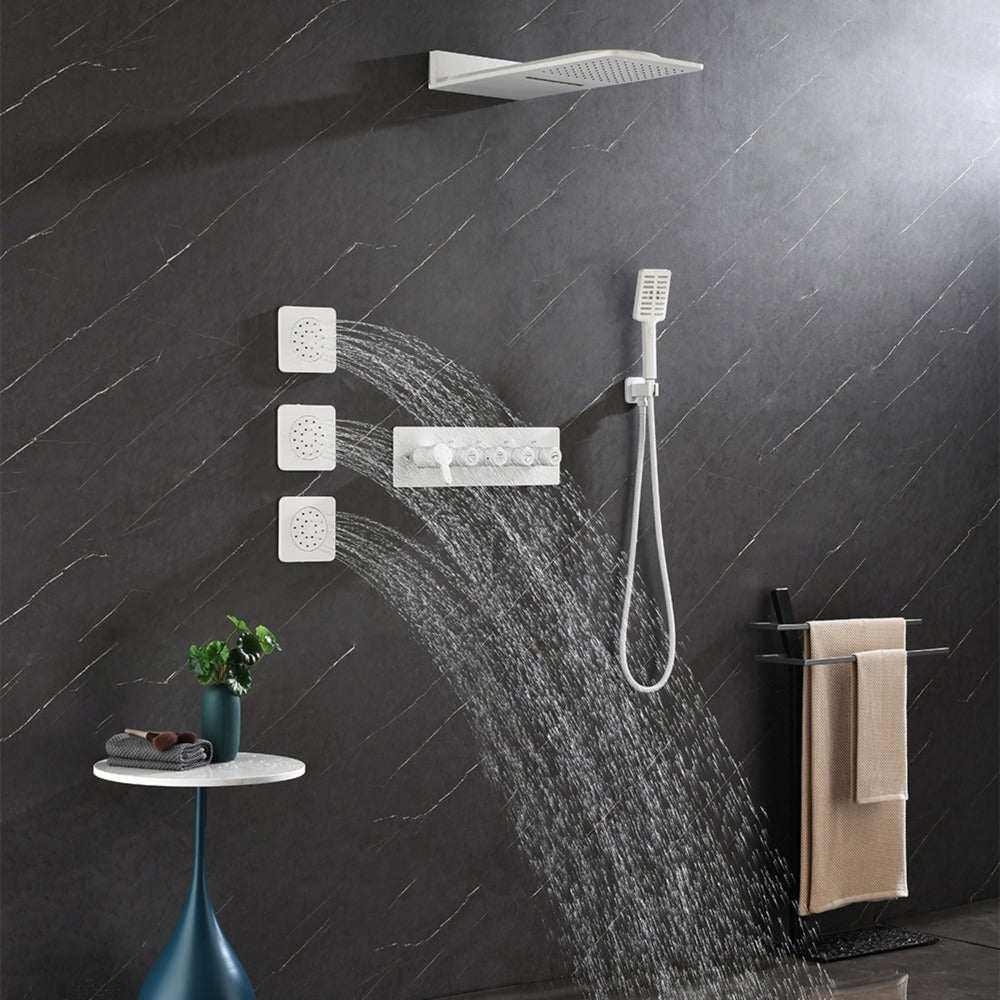 Wall Mounted Waterfall Rain Shower System With 3 Body Sprays & Handheld Shower - White_4