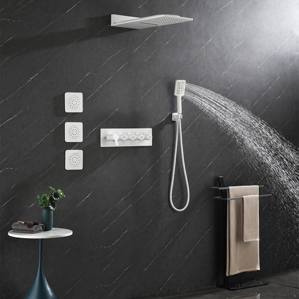 Wall Mounted Waterfall Rain Shower System With 3 Body Sprays & Handheld Shower - White_7