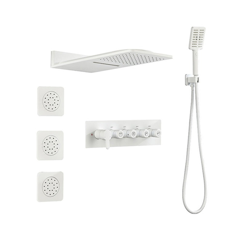 Wall Mounted Waterfall Rain Shower System With 3 Body Sprays & Handheld Shower - White_0