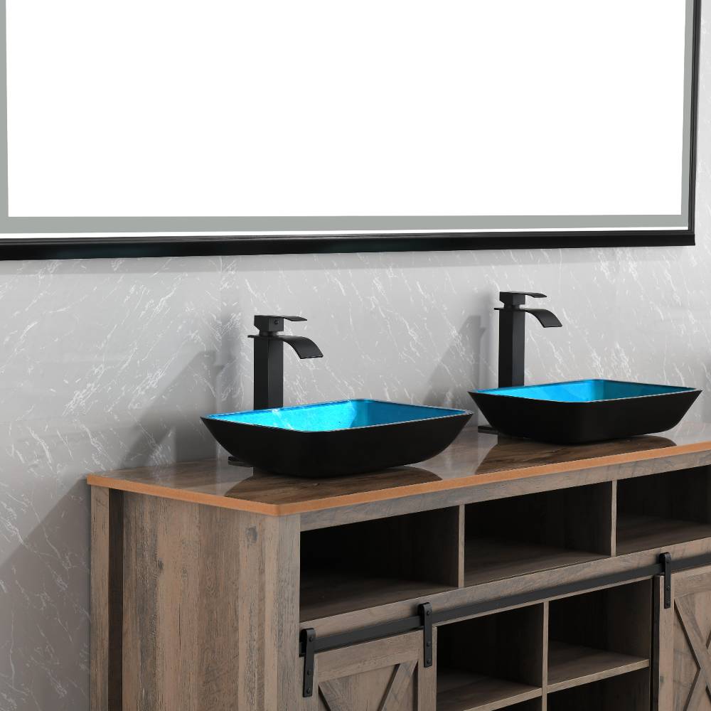 Handmade Turquoise Glass Rectangular Vessel Bathroom Sink Set_4