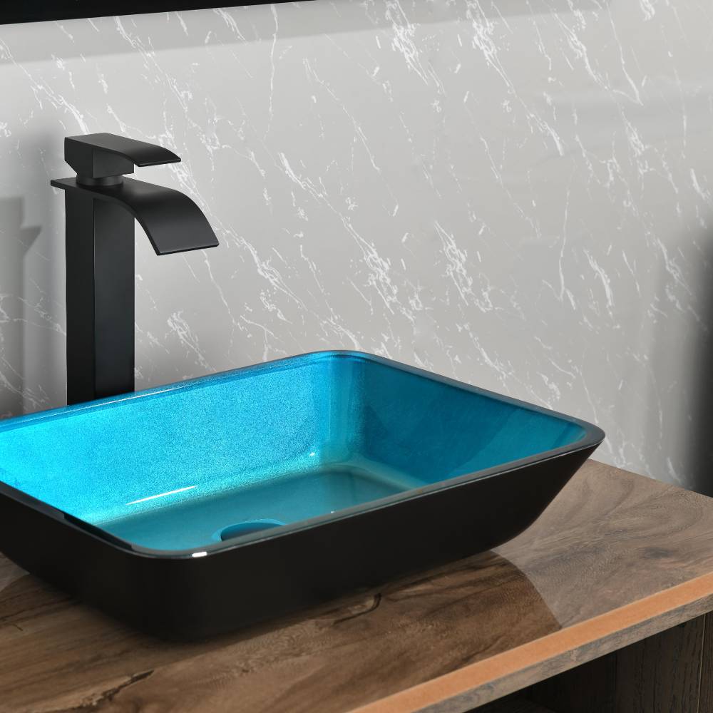 Handmade Turquoise Glass Rectangular Vessel Bathroom Sink Set_3