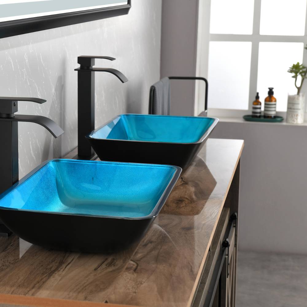 Handmade Turquoise Glass Rectangular Vessel Bathroom Sink Set_7