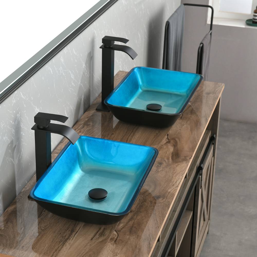 Handmade Turquoise Glass Rectangular Vessel Bathroom Sink Set_5