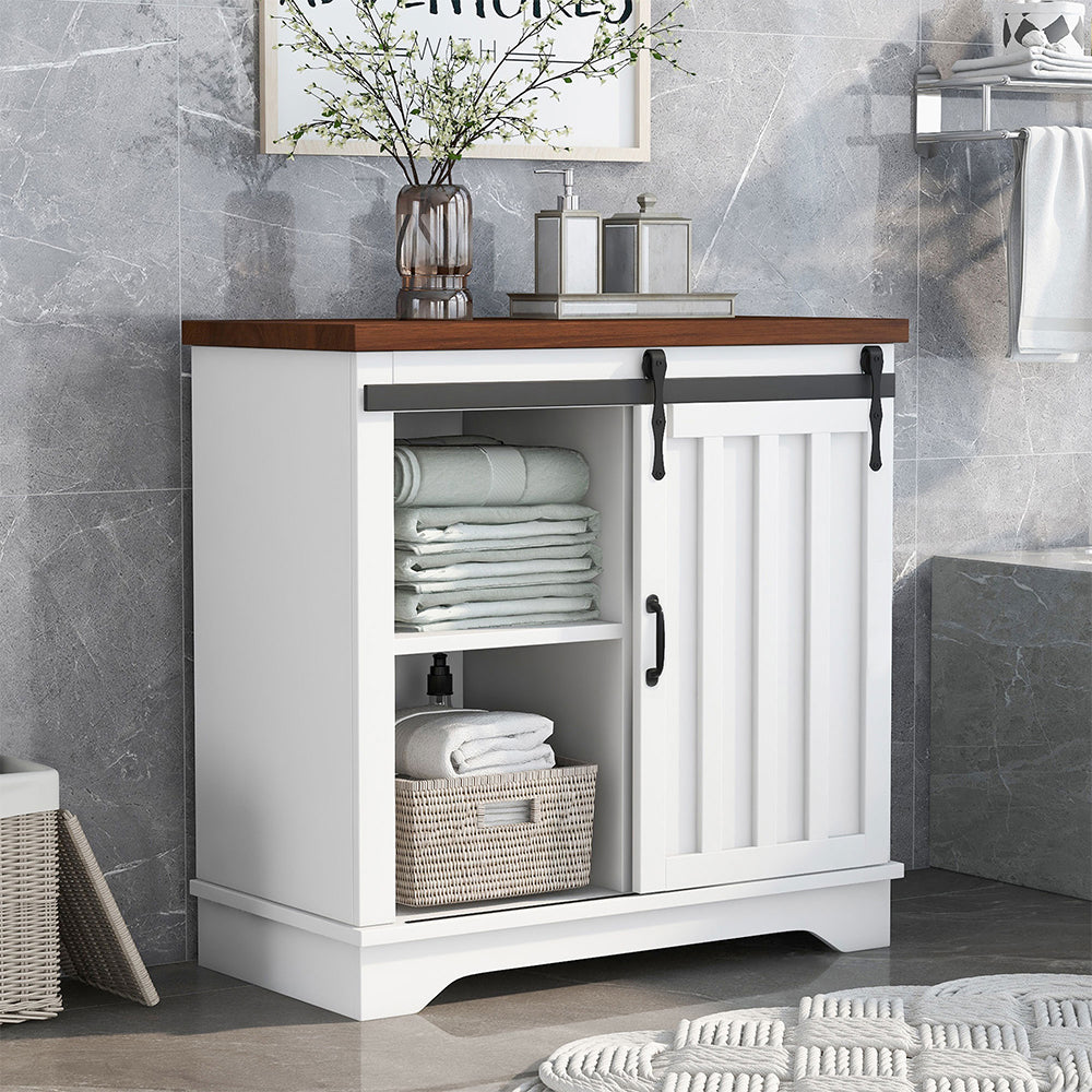 Bathroom Storage Cabinet with Sliding Barn Door - White_1