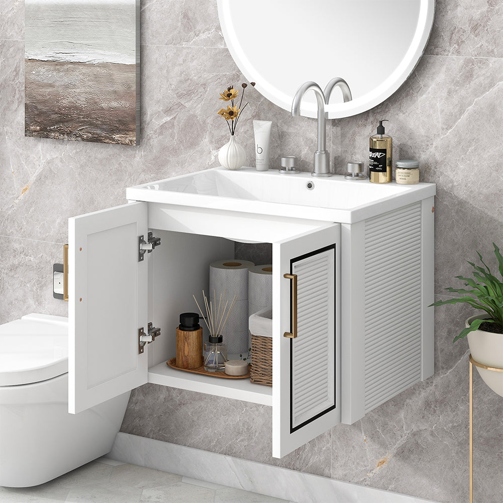 24 Inch Wall-Mounted Bathroom Vanity with Ceramic Basin - White_2