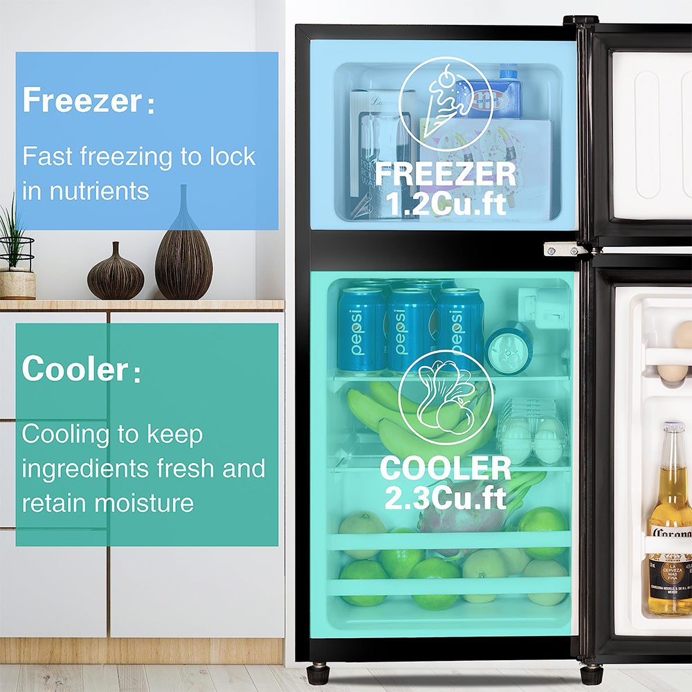 3.5Cu.Ft Mini Fridge with Freezer, 2 Door, Adjustable Thermostat, Removable Shelves - Black_3