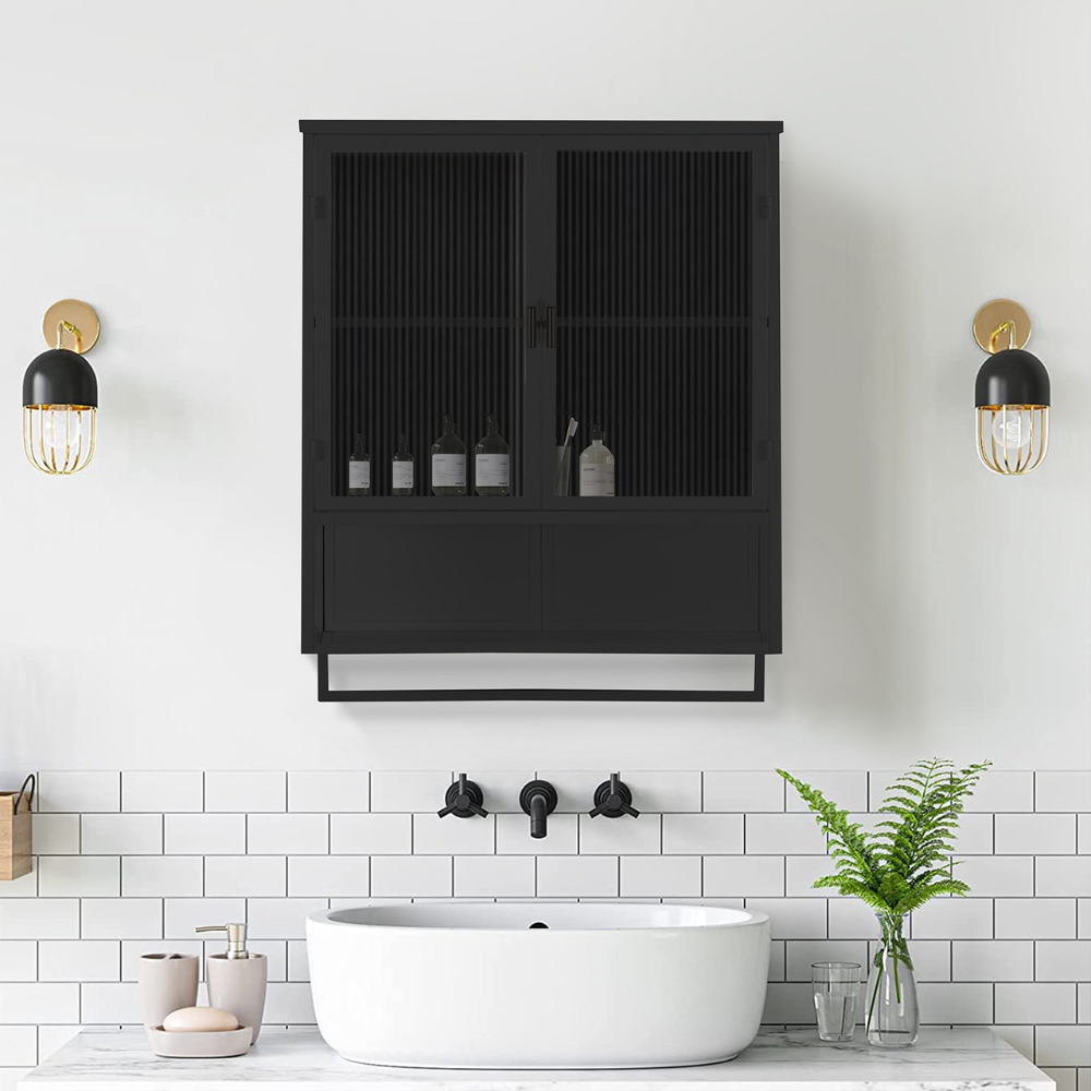 Modern Black Wall Cabinet with Glass Doors and Two-Tier Storage_1