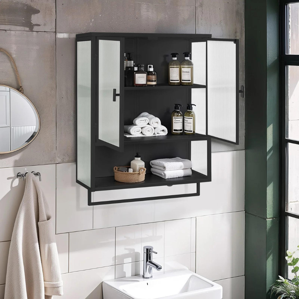 Modern Black Wall Cabinet with Glass Doors and Two-Tier Storage_2