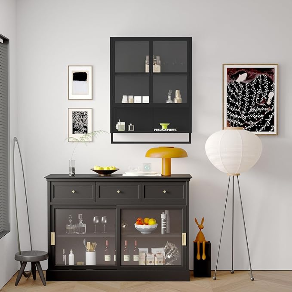 Modern Black Wall Cabinet with Glass Doors and Two-Tier Storage_3