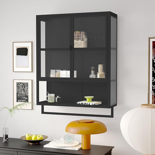 Modern Black Wall Cabinet with Glass Doors and Two-Tier Storage_0
