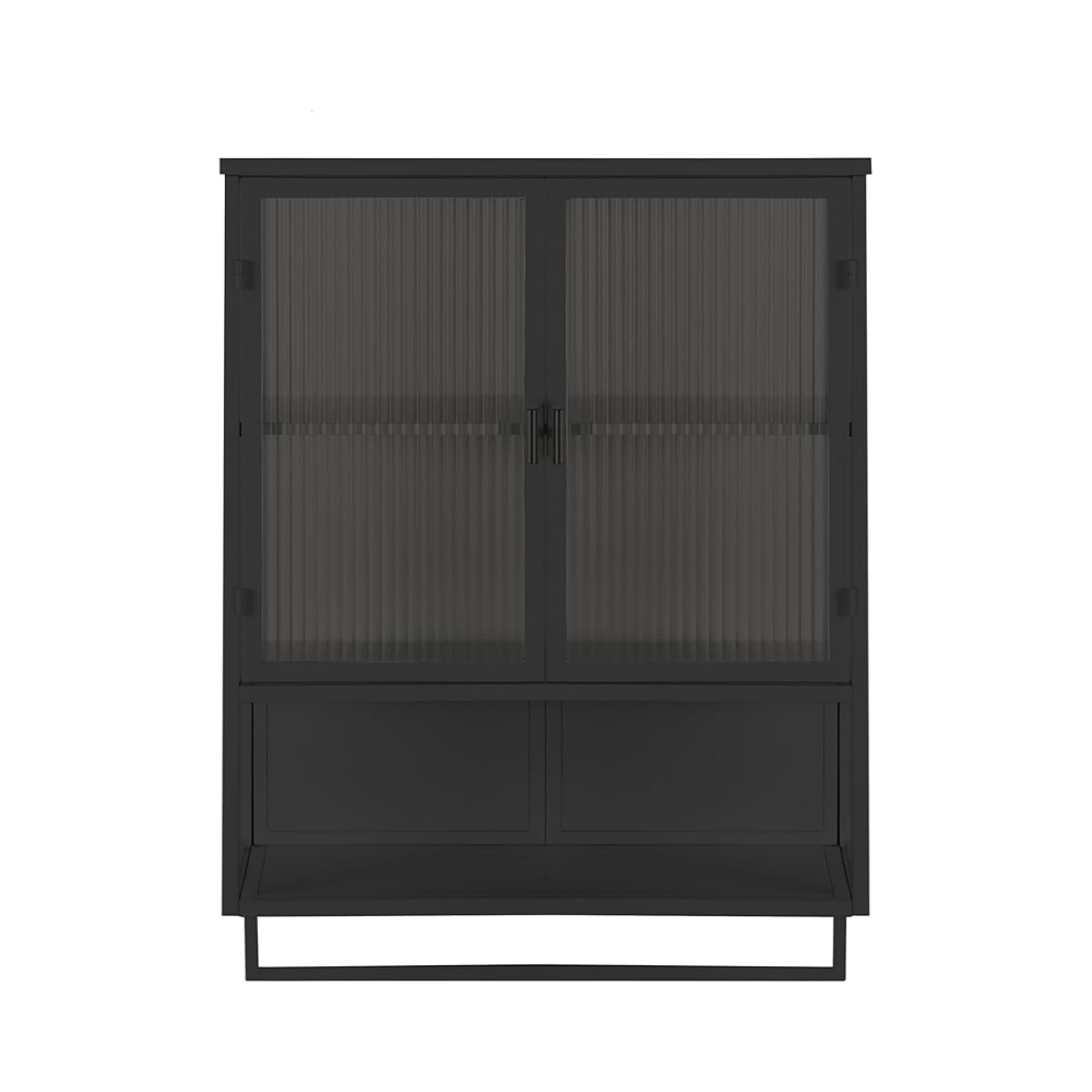 Modern Black Wall Cabinet with Glass Doors and Two-Tier Storage_4