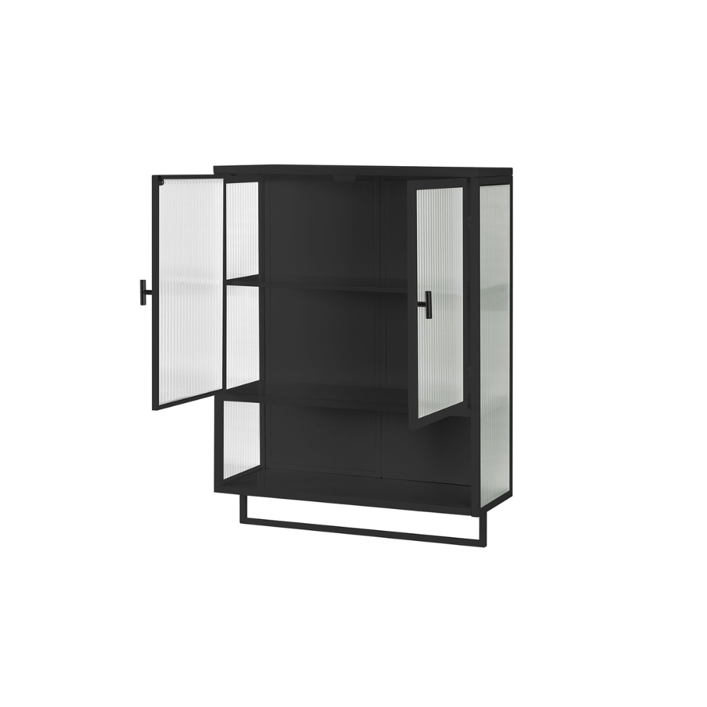 Modern Black Wall Cabinet with Glass Doors and Two-Tier Storage_5