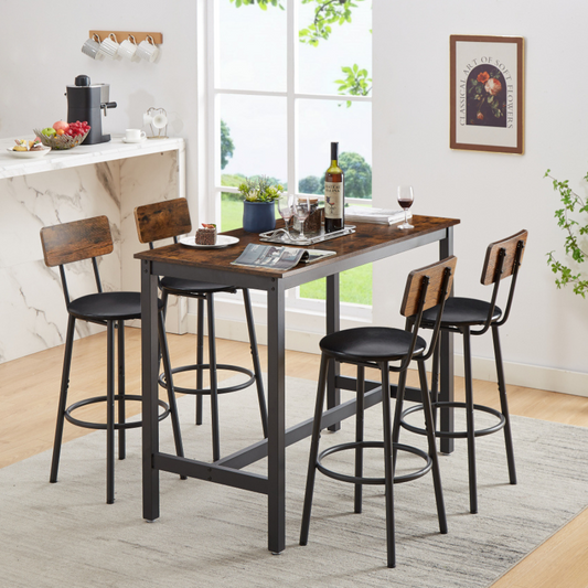 Rustic Brown Bar Table Set with 4 PU Bar Stools_0