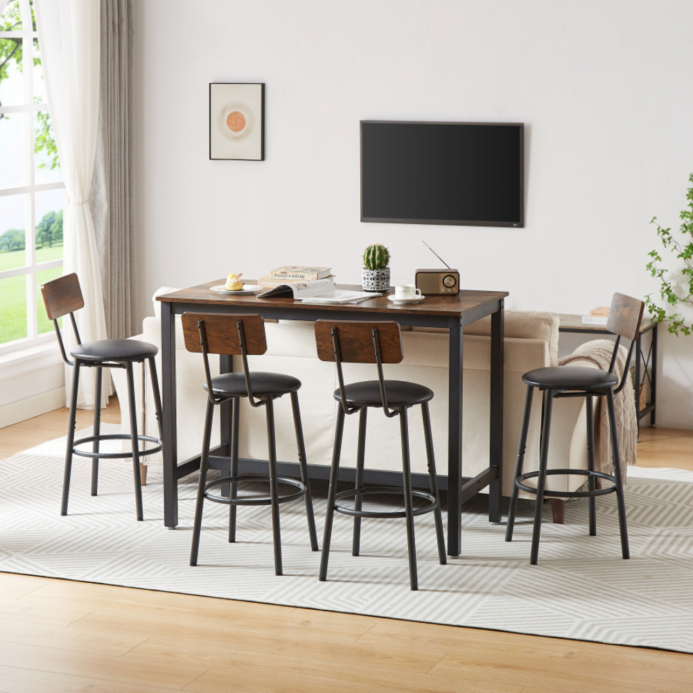 Rustic Brown Bar Table Set with 4 PU Bar Stools_1