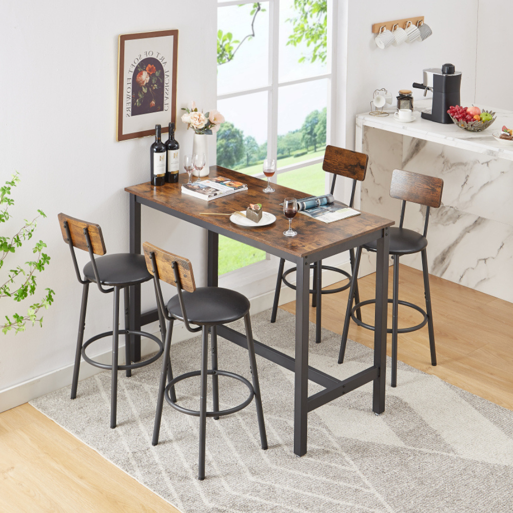 Rustic Brown Bar Table Set with 4 PU Bar Stools_2