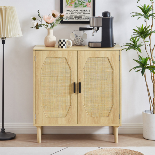 Natural Kitchen Storage Cabinets with Rattan Decorative Doors_0