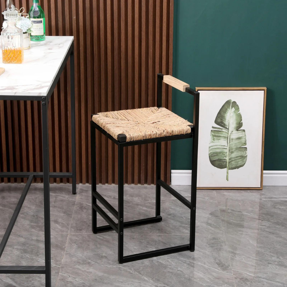 Set of 2 Water Hyacinth Woven Bar Stools with Back Support_1