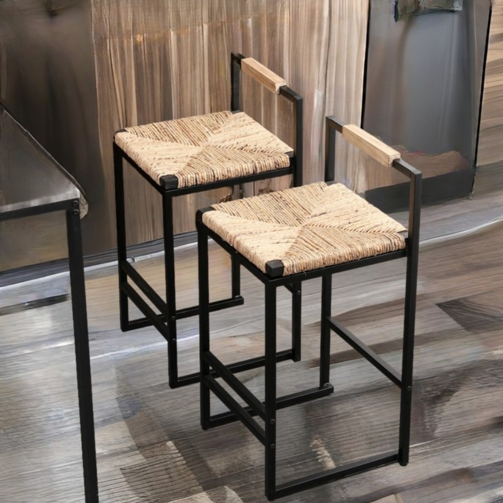 Set of 2 Water Hyacinth Woven Bar Stools with Back Support_2
