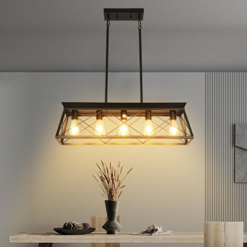 5 Lamps Farmhouse Chandelier For Dining Room, Metal Rustic Chandelier Island Lamp, Modern Rectangular Island Lamp For Kitchen, Living Room Pure Black - No Bulbs Unavailable Platforms- Temu