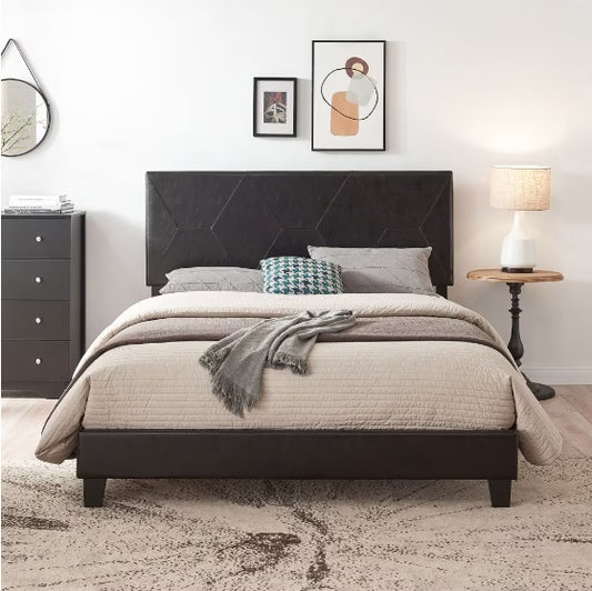 Queen-sized Upholstered Platform Bed Frame For Easy Assembly, Black, PU