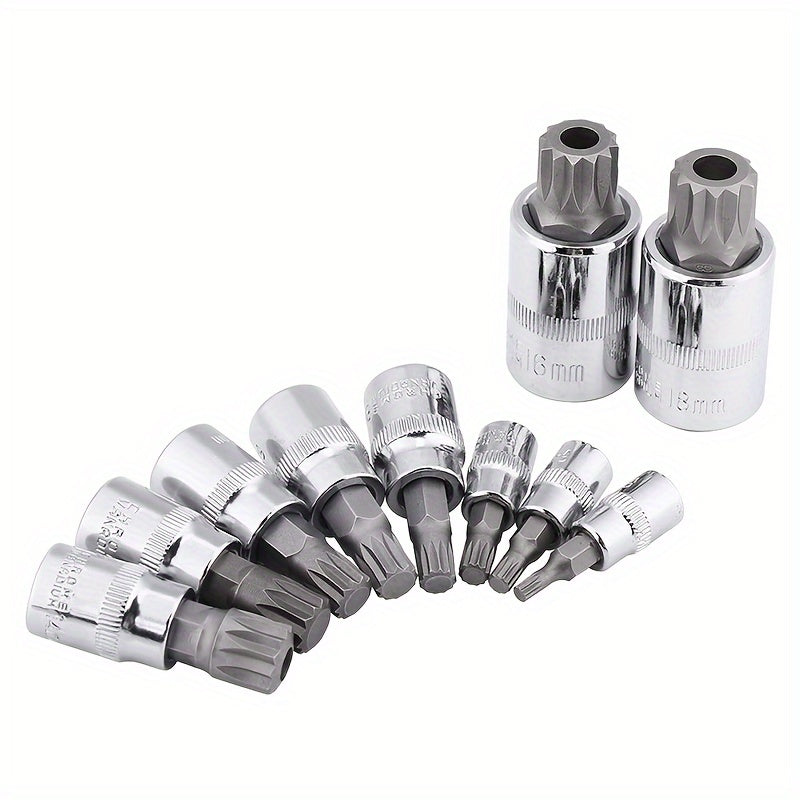 10PC XZN Triple Square 12 Point Spline Bit Socket Set 4MM 18MM With Enhanced Storage Case, 12 Point Multi Spline, No Assembly Required
