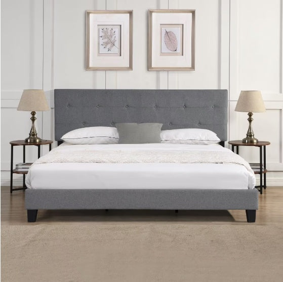 The Bed Frame With An Oversized Fabric Platform Is Easy To Assemble And Is Grey