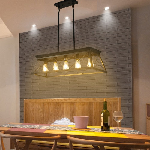 5 Lamps Farmhouse Chandelier For Dining Room, Metal Rustic Chandelier Island Lamp, Modern Rectangular Island Lamp For Kitchen, Living Room Pure Black - No Bulbs Unavailable Platforms- Temu