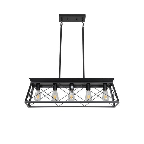 5 Lamps Farmhouse Chandelier For Dining Room, Metal Rustic Chandelier Island Lamp, Modern Rectangular Island Lamp For Kitchen, Living Room Pure Black - No Bulbs Unavailable Platforms- Temu
