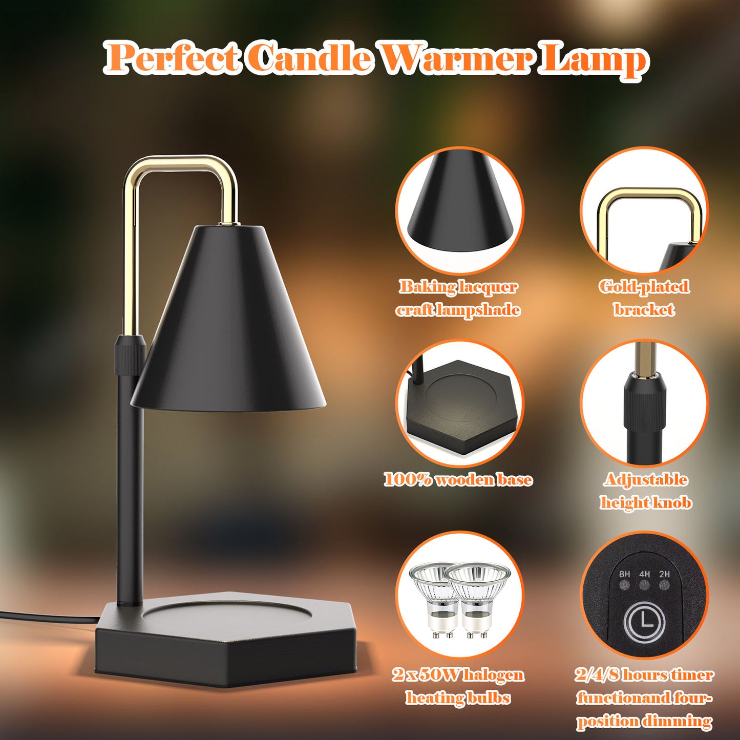 RAINBEAN Candle Warmer Lamp With Timer Adjustable Height Electric Candle Warmer Dimmable With 2 Bulbs Wax Melt Warmer