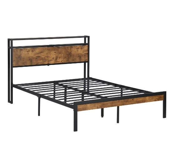 King Size Metal Platform Bed Frame With Wooden Headboard And Footboard With USB LINER