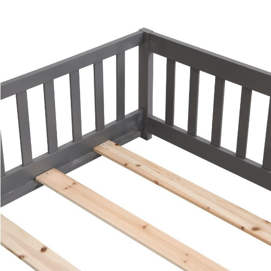 Full Size Floor Bed With Door,Solid Wood Platform Bed Frame With Fence,Suitable For Children,Pine Wood