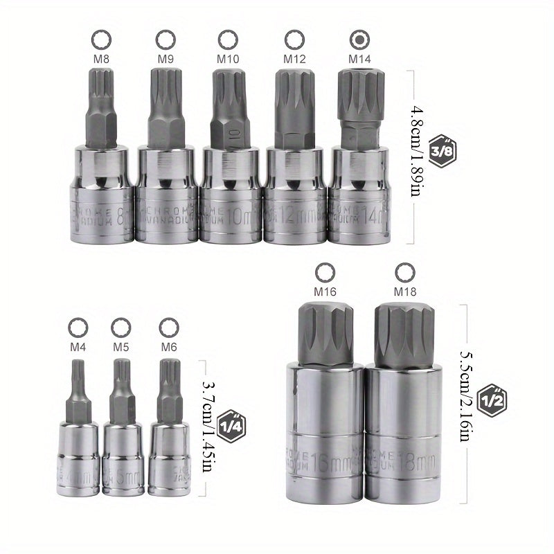 10PC XZN Triple Square 12 Point Spline Bit Socket Set 4MM 18MM With Enhanced Storage Case, 12 Point Multi Spline, No Assembly Required