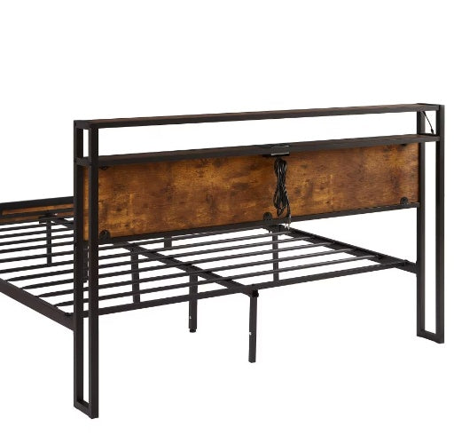 Full Size Metal Platform Bed Frame With Wooden Headboard And Footboard With USB LINER