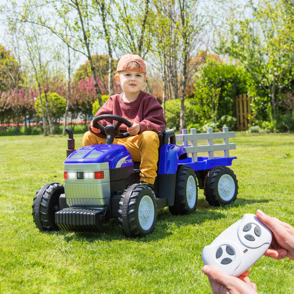 Blue, 12V7AH Battery Powered Toy Tractor With Trailer