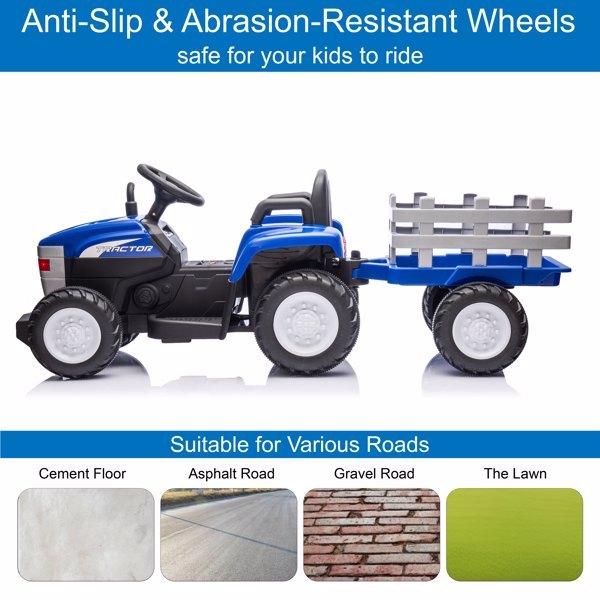 Blue, 12V7AH Battery Powered Toy Tractor With Trailer