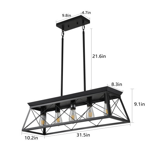 5 Lamps Farmhouse Chandelier For Dining Room, Metal Rustic Chandelier Island Lamp, Modern Rectangular Island Lamp For Kitchen, Living Room Pure Black - No Bulbs Unavailable Platforms- Temu