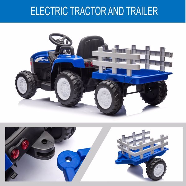 Blue, 12V7AH Battery Powered Toy Tractor With Trailer