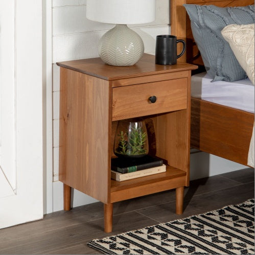 Classic 1-Drawer Solid Wood Nightstand With Cubby Caramel