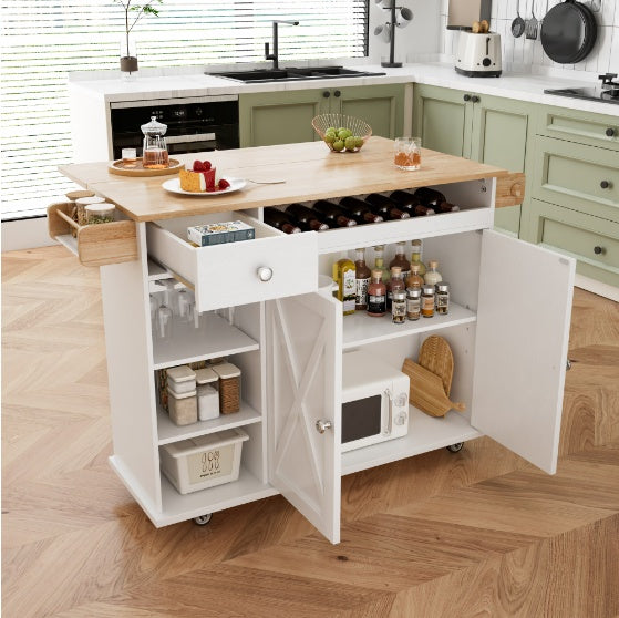 Kitchen Island Trolley With Solid Wood Top, Wine Storage, Spice Rack, Towel Rack, Wine Glass Holder