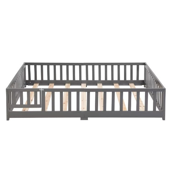 Full Size Floor Bed With Door,Solid Wood Platform Bed Frame With Fence,Suitable For Children,Pine Wood