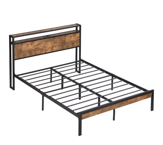 King Size Metal Platform Bed Frame With Wooden Headboard And Footboard With USB LINER