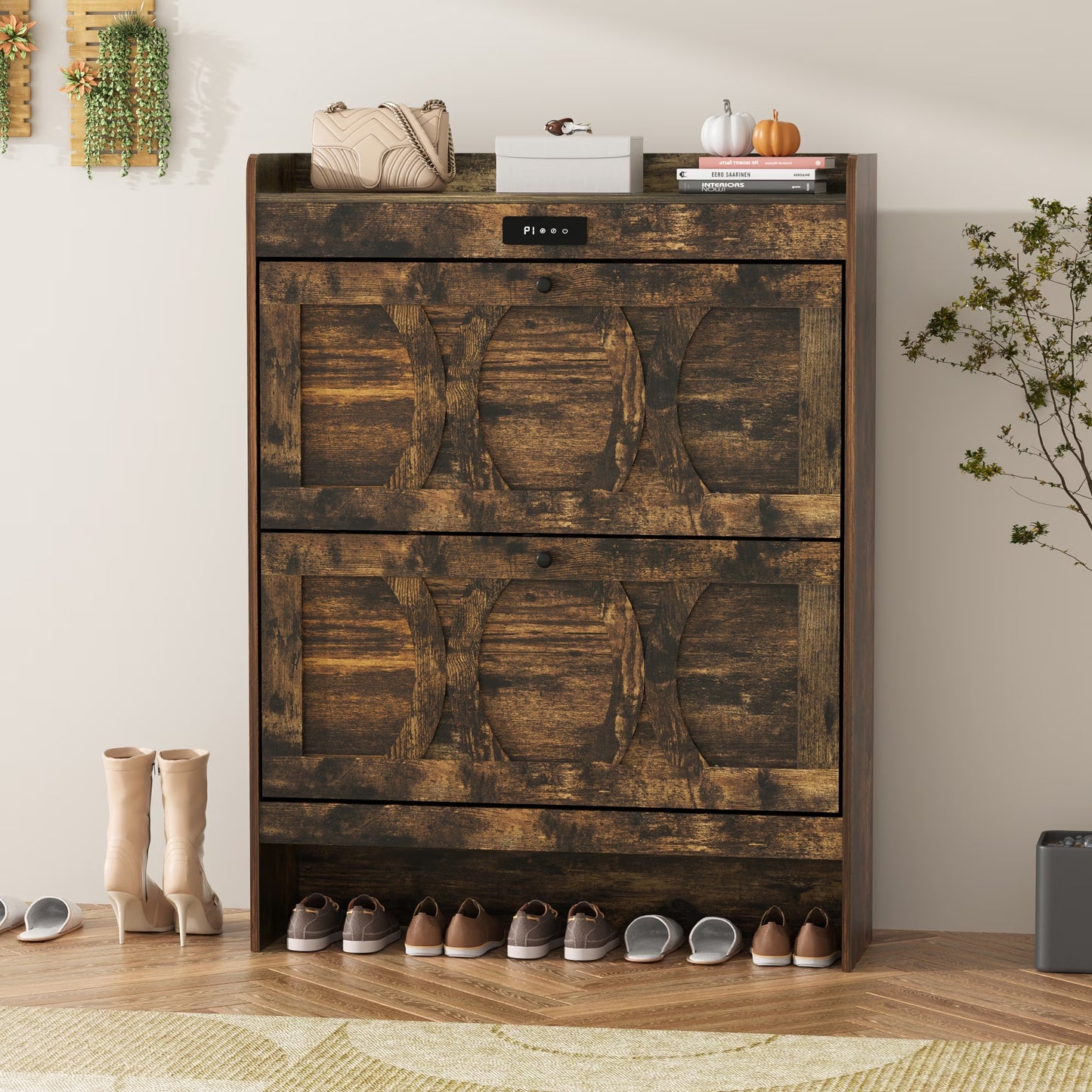 VFF Deodorizing Shoe Storage Cabinet With 2 Flip Drawers,LED Touchsreen Freestanding Black