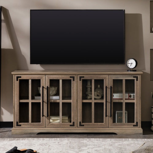 Modern Farmhouse Windowpane Glass-Door TV Stand For TVs Up To- Grey Wash