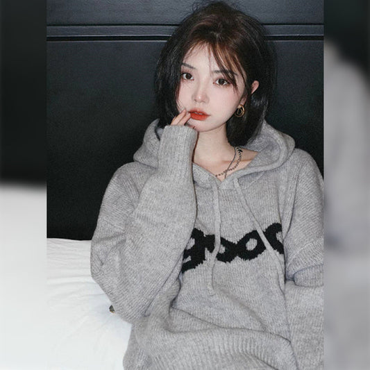 Niche lazy style knitted sweatshirt jacket for women autumn and winter 2023 new loose and slim gray hooded sweater top