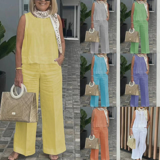 Cotton and linen suit European and American sleeveless top wide-leg trousers two-piece suit