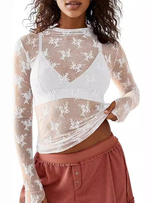 Women's see-through lace tops, mesh multi-color bottoming shirts, sexy hot girl trendy T-shirts